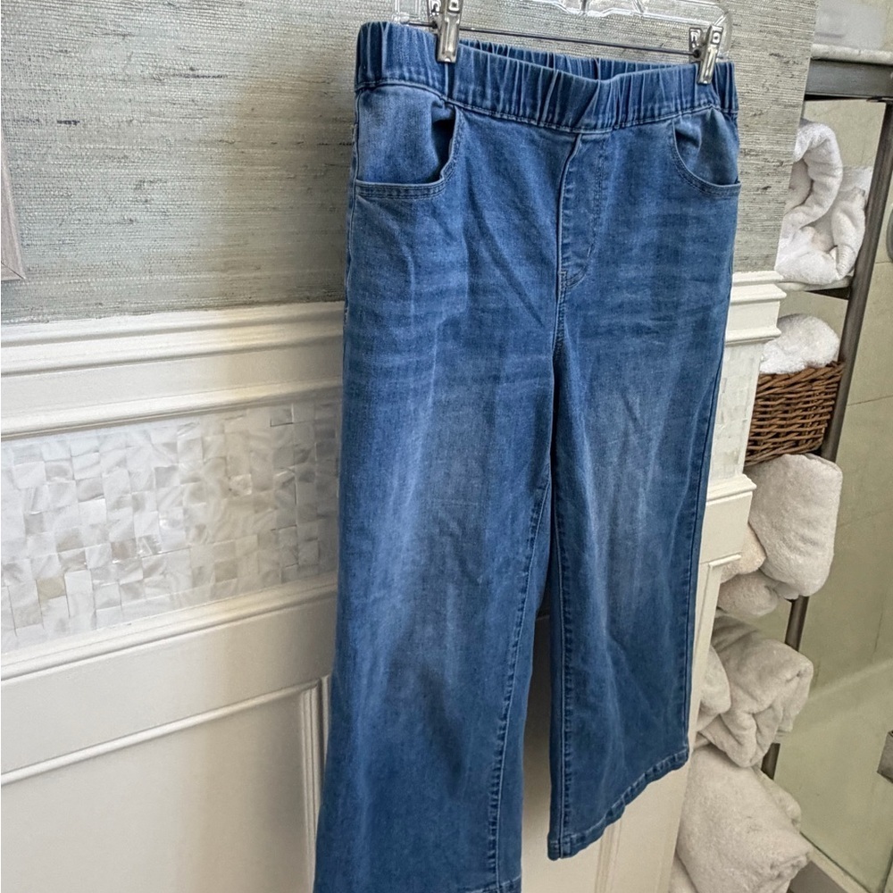 Large (fits 12 /14) pull on elastic waist wide leg cropped jeans medium wash - Picture 5 of 17